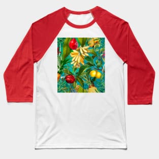 Vibrant tropical floral leaves and fruits floral illustration, botanical pattern, Aqua turquoise fruit pattern over a Baseball T-Shirt